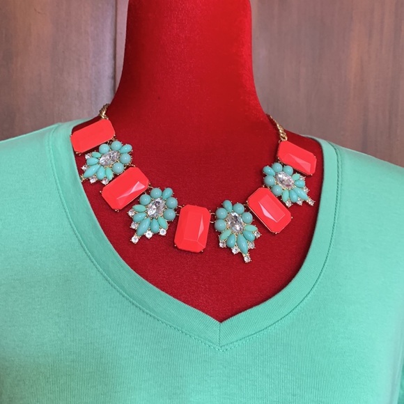 J Crew Statement Necklace with Coral, Turquoise and Rhinestone Gems - Picture 7 of 8